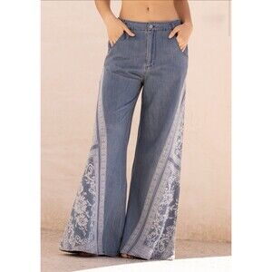 Blue Velvet Brand Jeans Embroidered Denim Flare Wide Leg Hippie Boho Womens Sz L
